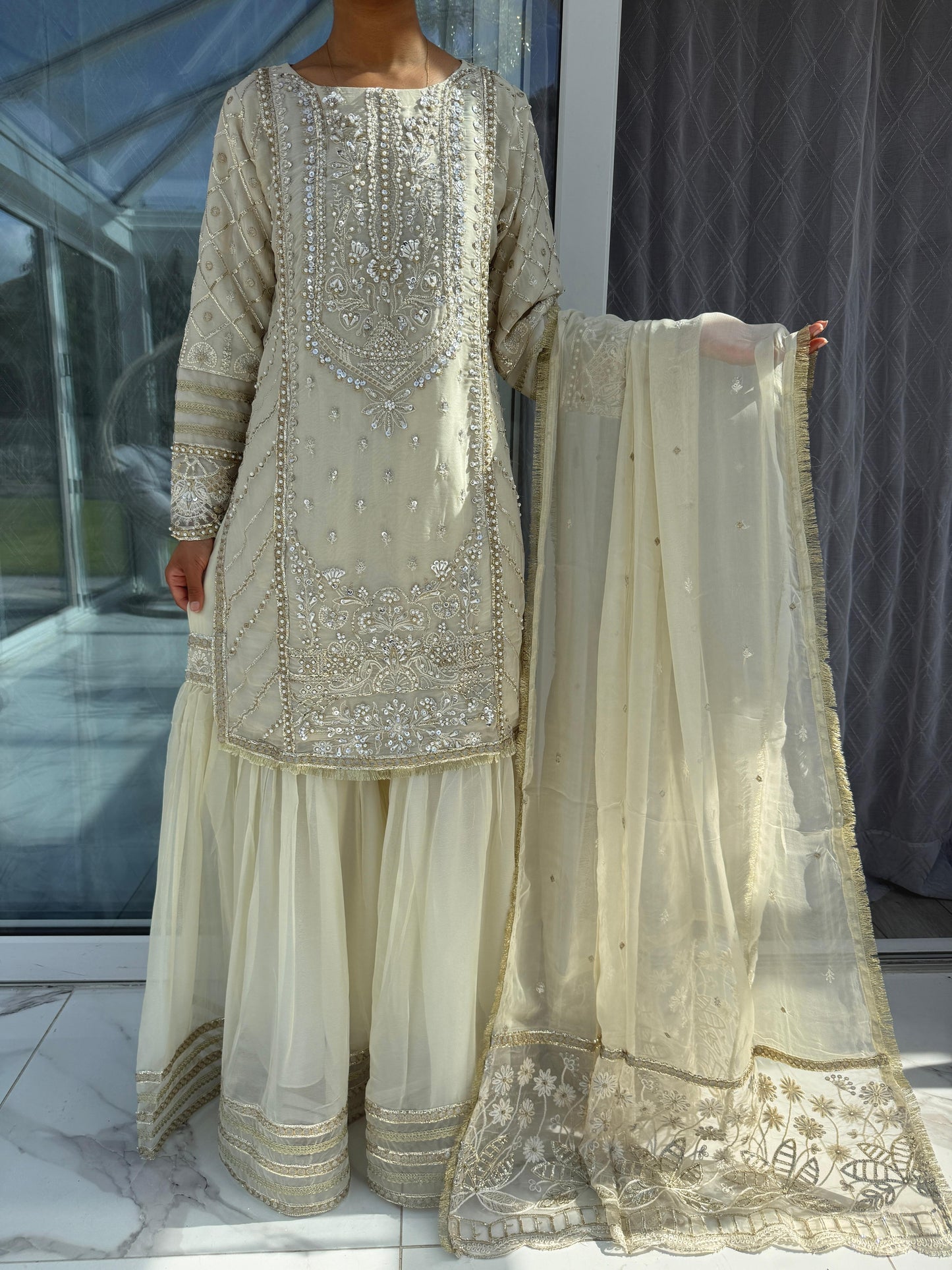 MAHNOOR - Embroidered chiffon kameez with gharara
