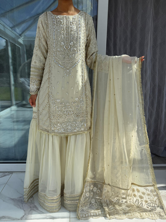MAHNOOR - Embroidered chiffon kameez with gharara