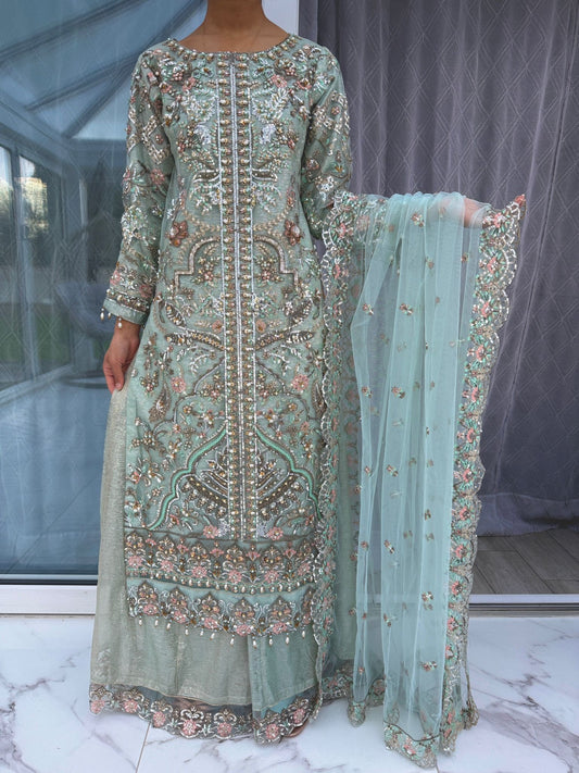 ALAIRA BLUE - Handwork embellished net outfit with sharara