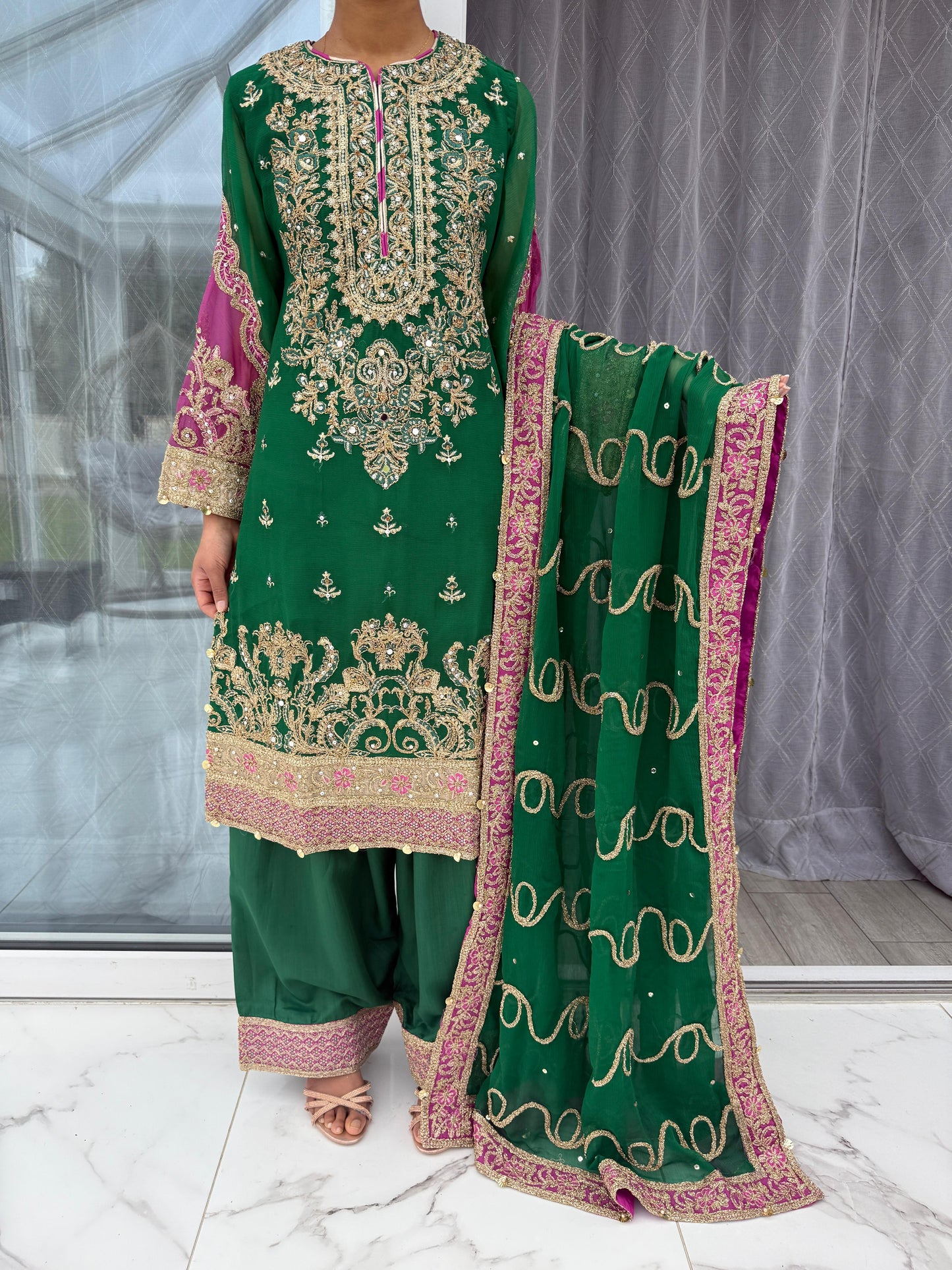 AANGAN - Embroidered chiffon outfit with shalwar