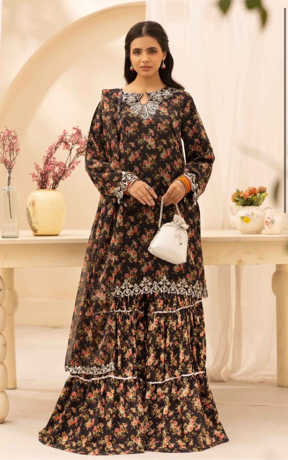 BAROQUE LUX - Embroidered and printed chiffon tiered gharara
