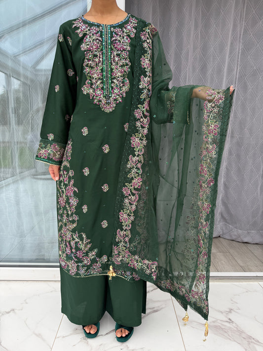 ZEENAT - Embroidered linen kameez with plazo/organza dupatta