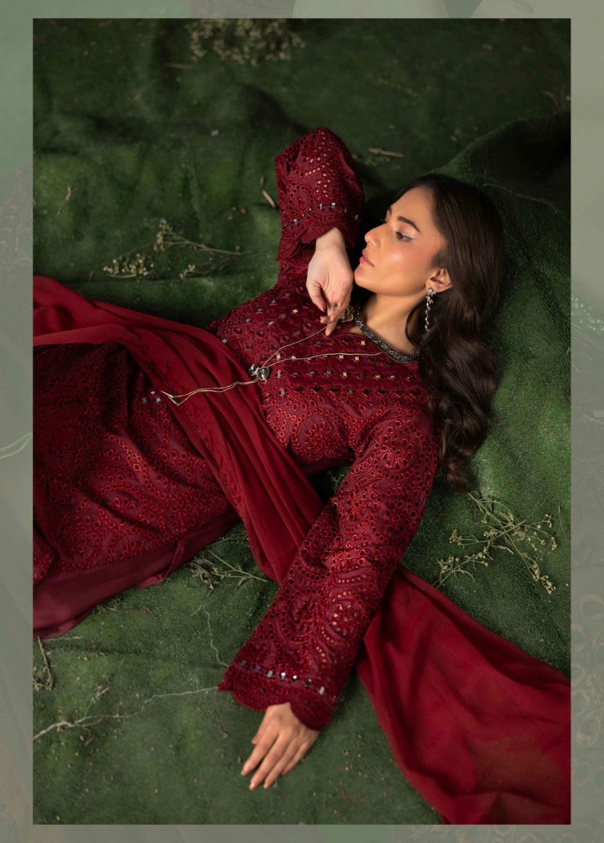 FAYZA - EMBROIDERED LINEN CHIKAN KARI KAMEEZ WITH PLAZO