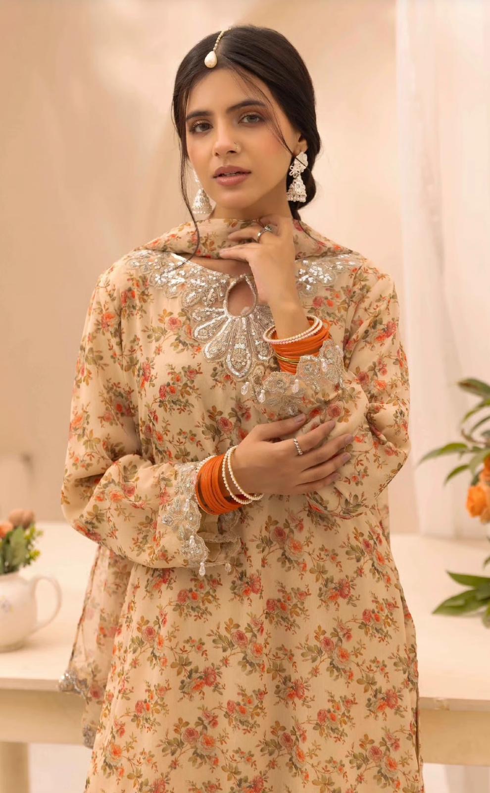 BAROQUE LUX - Embroidered and printed chiffon tiered gharara