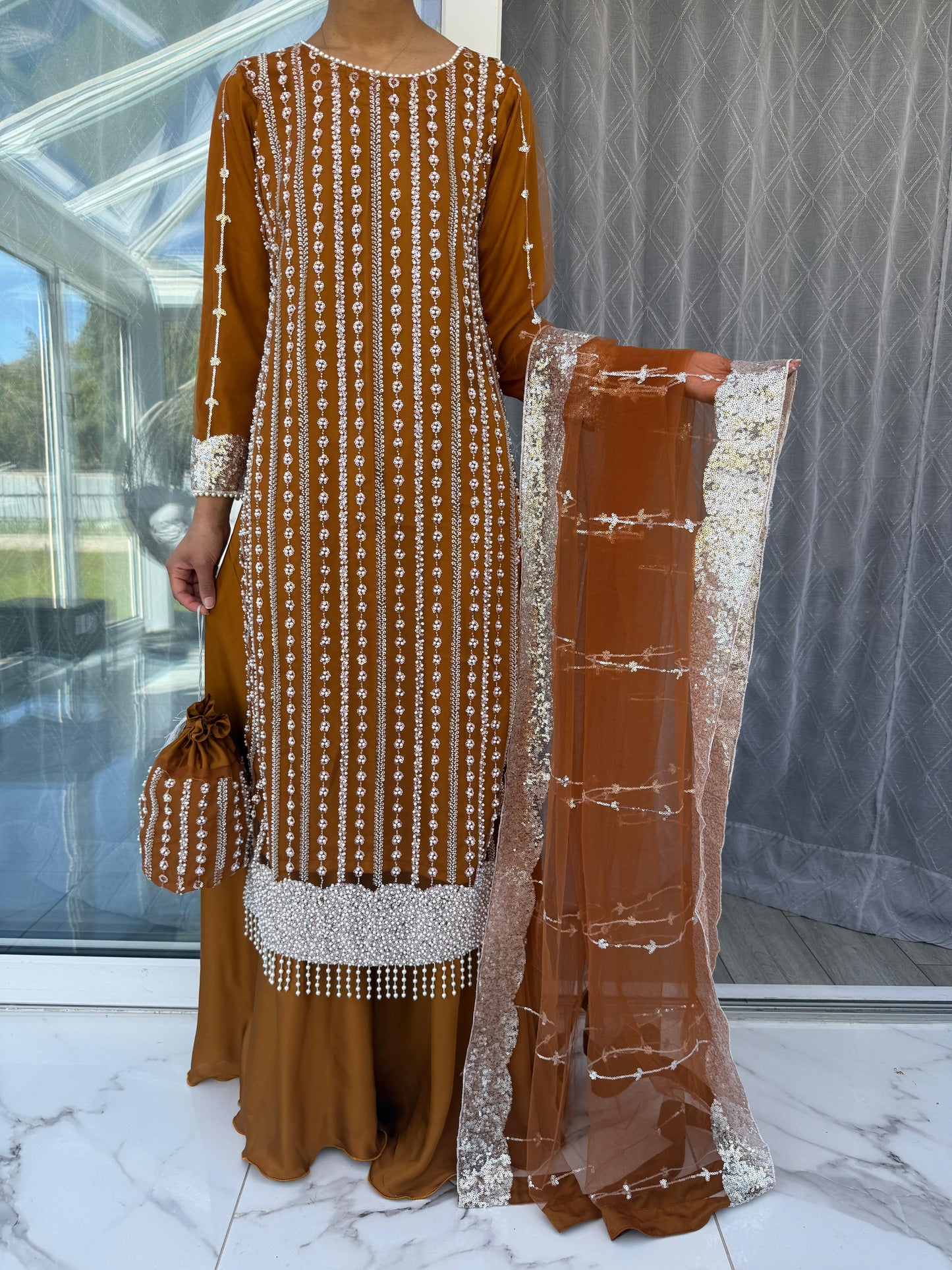 DANIA - Embellished net kameez with Sharara