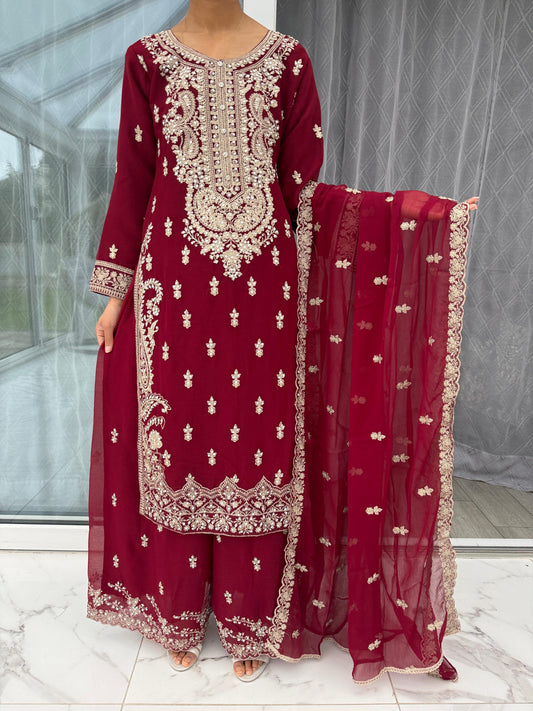 ZOYA MAROON - Embroidered chiffon kameez with Sharara
