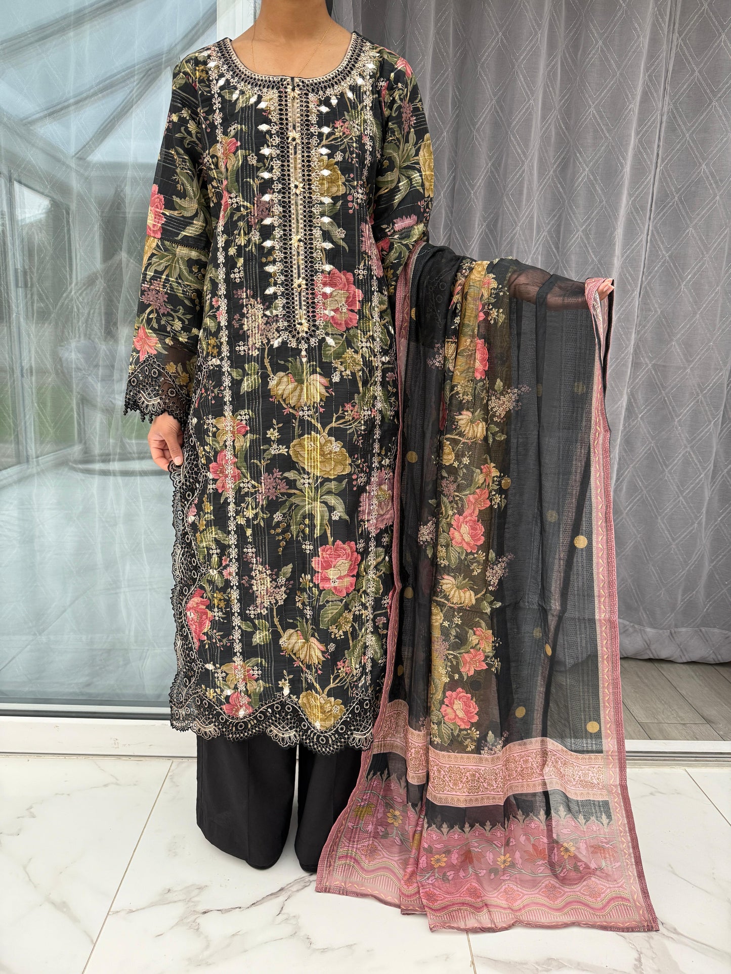 GULNAZ - Emroidered floral monar outfit with plazo