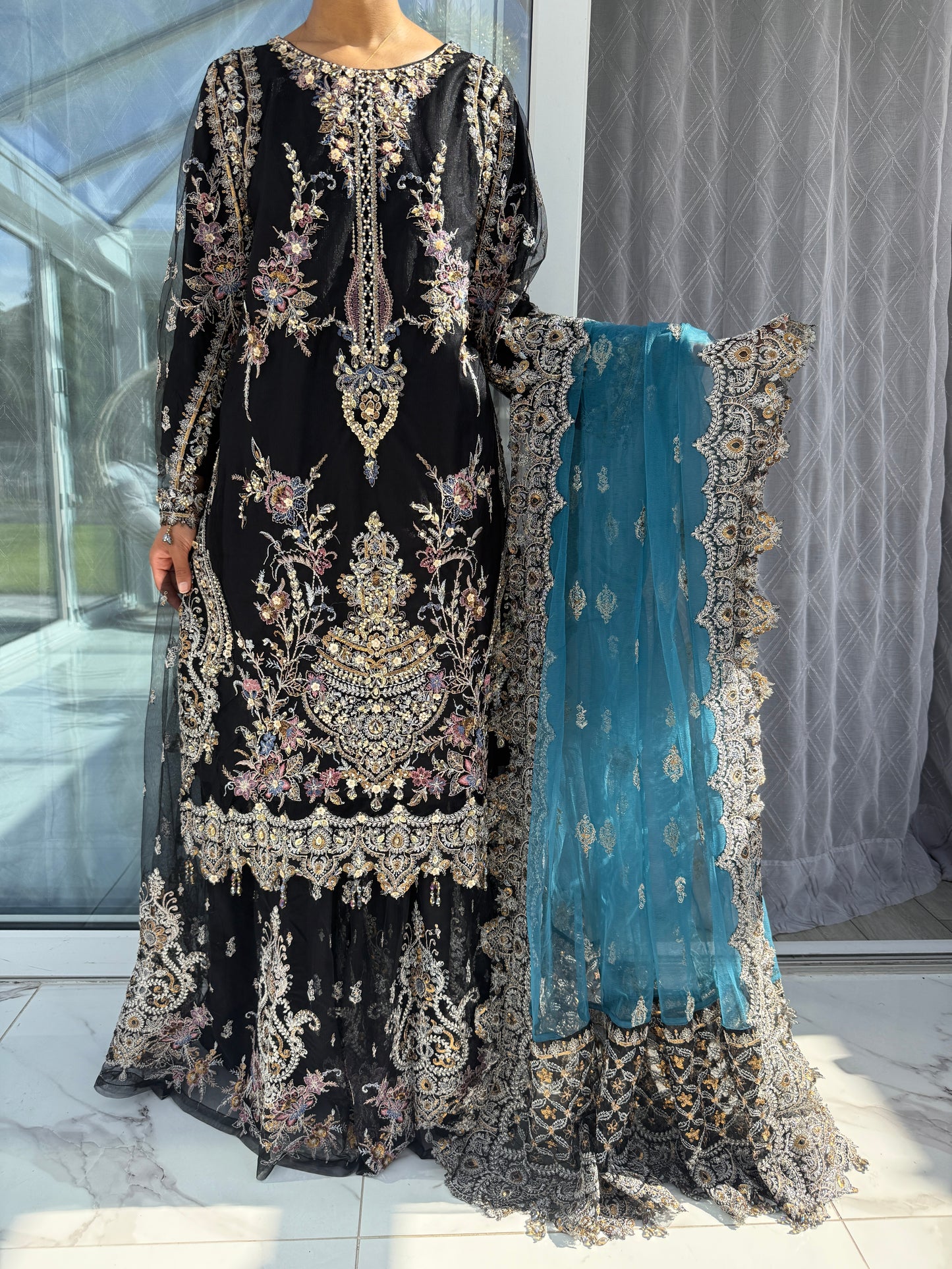 ZARKASH - Heavy embellished net kameez with embroidered sharara