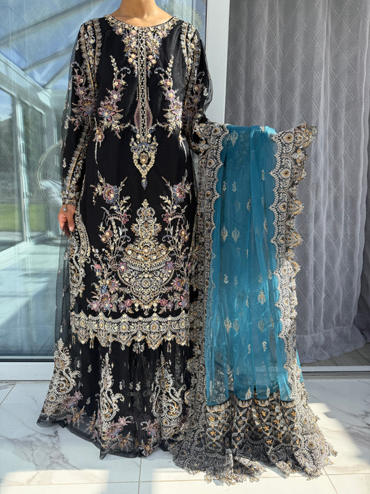 ZARKASH - Heavy embellished net kameez with embroidered sharara