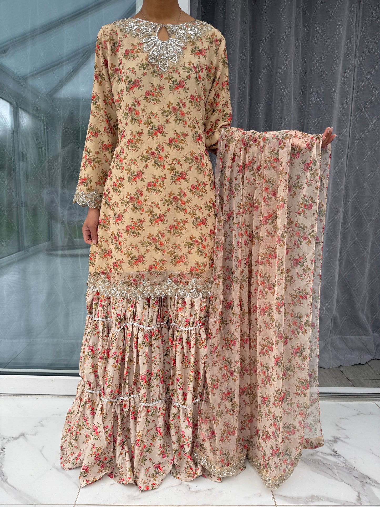 BAROQUE LUX - Embroidered and printed chiffon tiered gharara