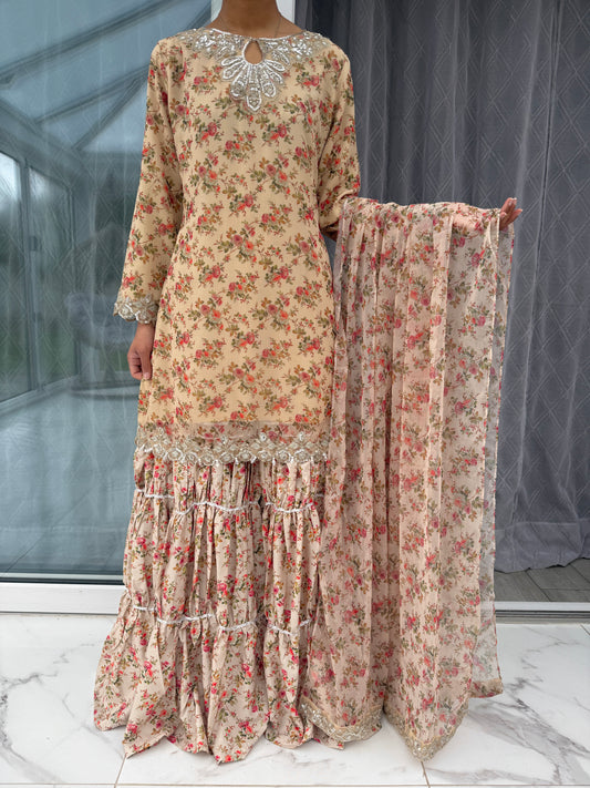 BAROQUE LUX - Embroidered and printed chiffon tiered gharara