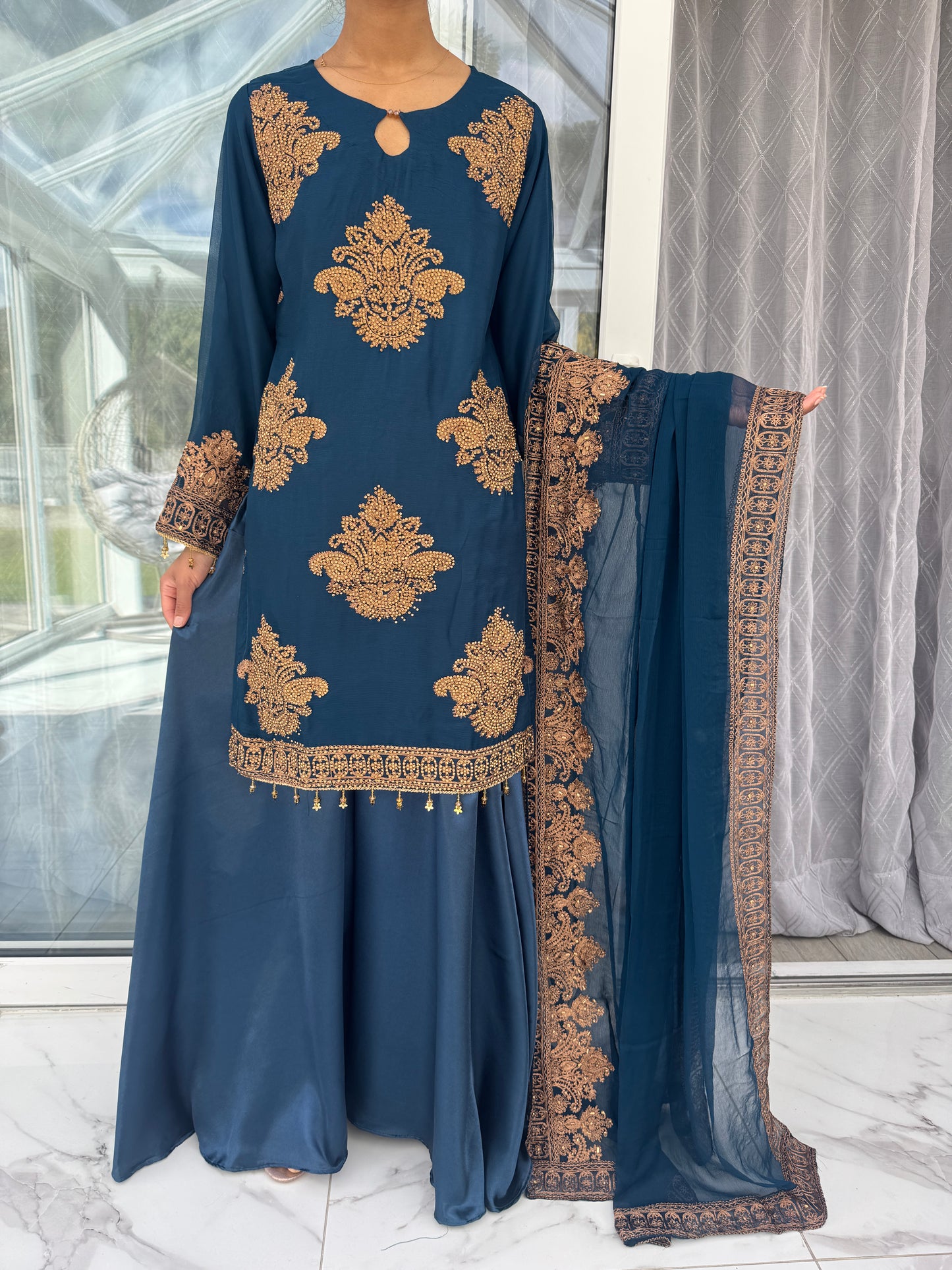 HASEENA - Embroidered chiffon kameez with diamante & silk sharara