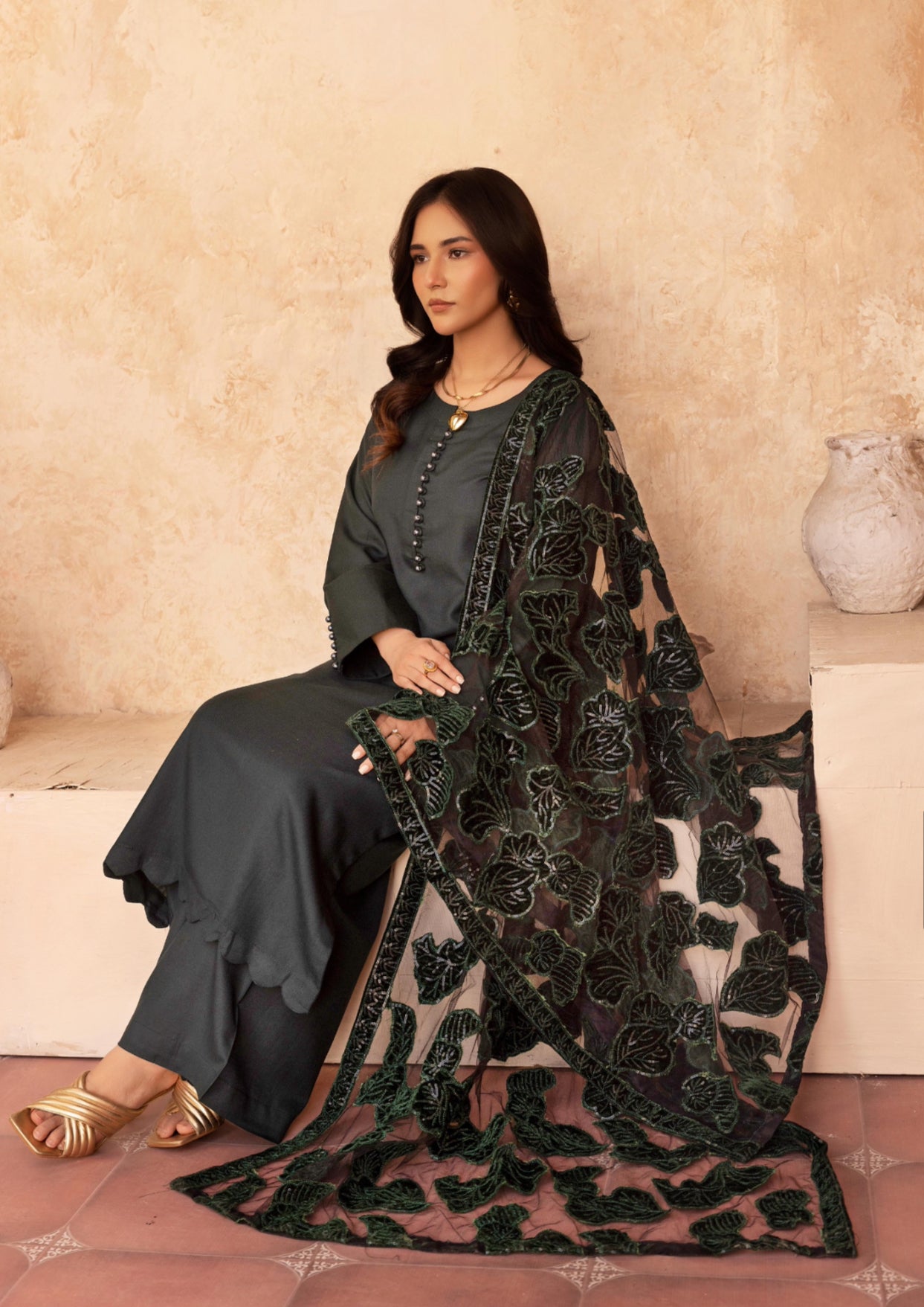 NURA SIMRANS - Dhanak readymade outfit with laserkari velvet net duppatta