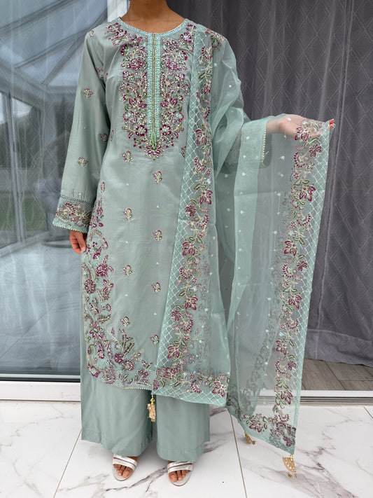 ZEENAT - Embroidered linen kameez with plazo/organza dupatta