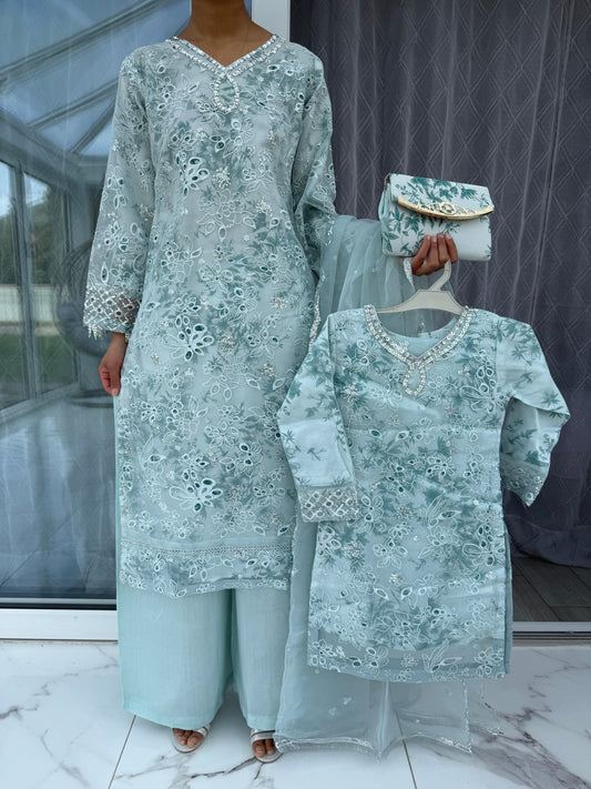 MIA - Mother/daughter embroidered organza kameez with silk lining