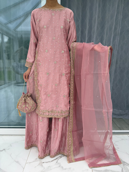 KIARA - Embroidered silk kameez with sharara