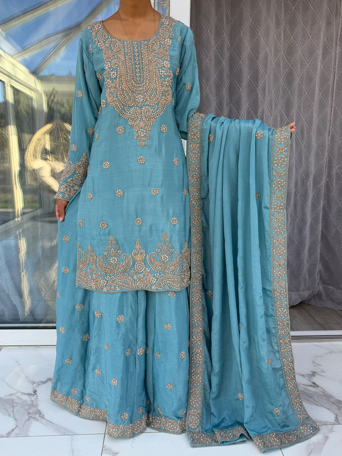 HAYA - Embroidered diamanté crinkle silk kameez with sharara and dupatta