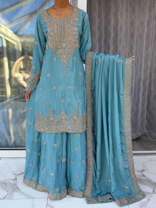 HAYA - Embroidered diamanté crinkle silk kameez with sharara and dupatta