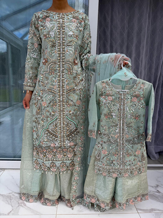ALAIRA BLUE - Handwork embellished net outfit with Sharara