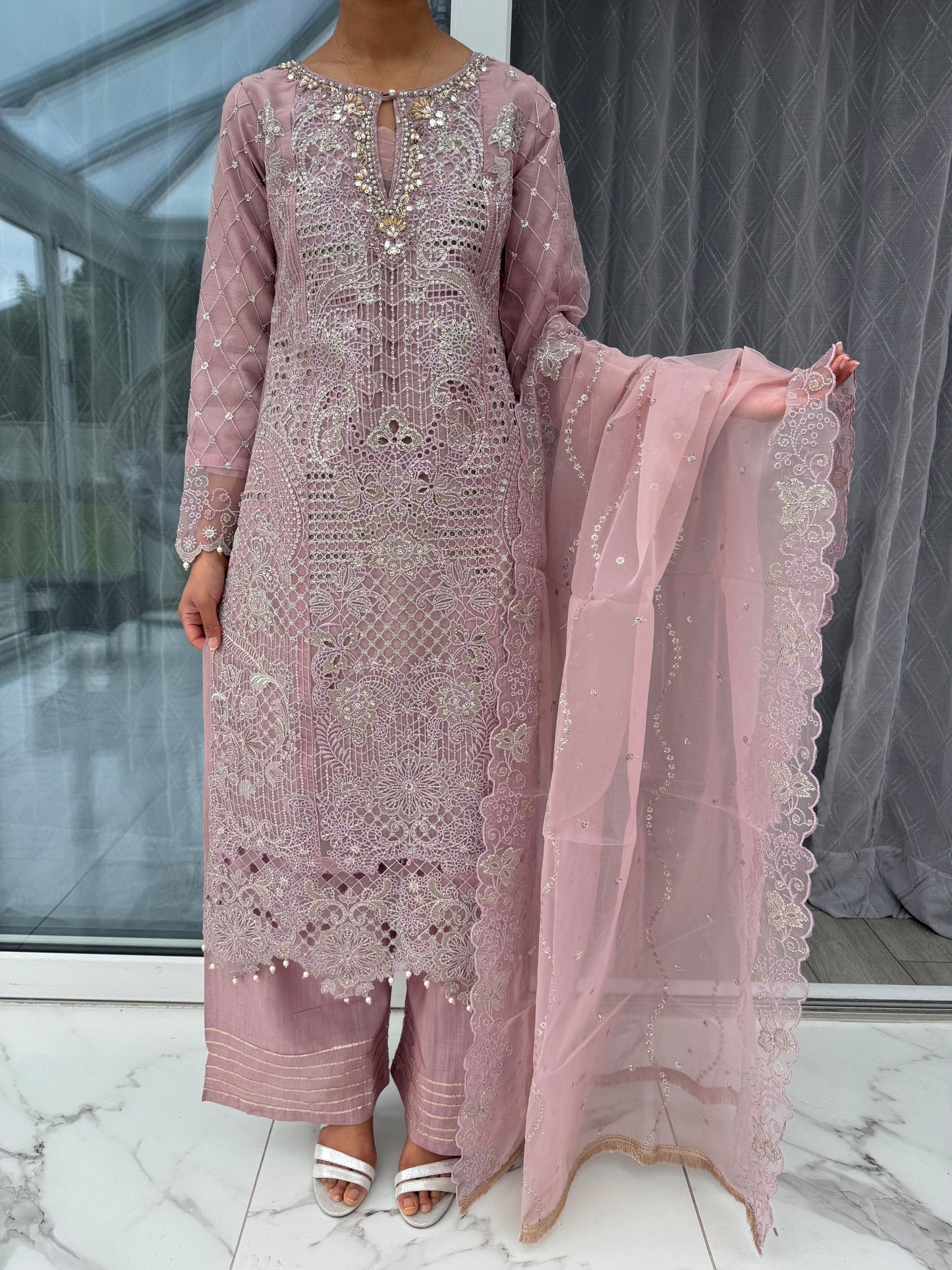 AYLA - Embroidered organza readymade outfit with cutwork, plazo and dupatta