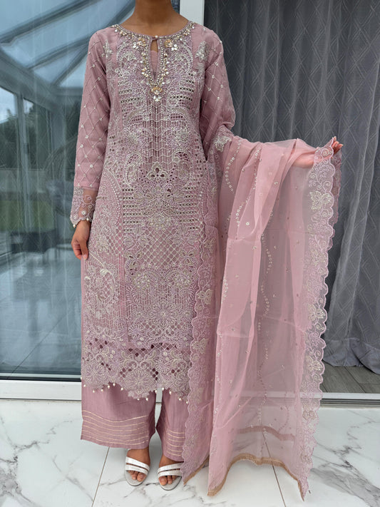 AYLA - Embroidered organza readymade outfit with cutwork, plazo and dupatta