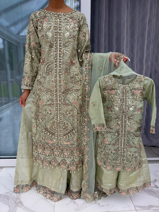 ALAIRA GREEN - Handwork embellished net outfit with Sharara
